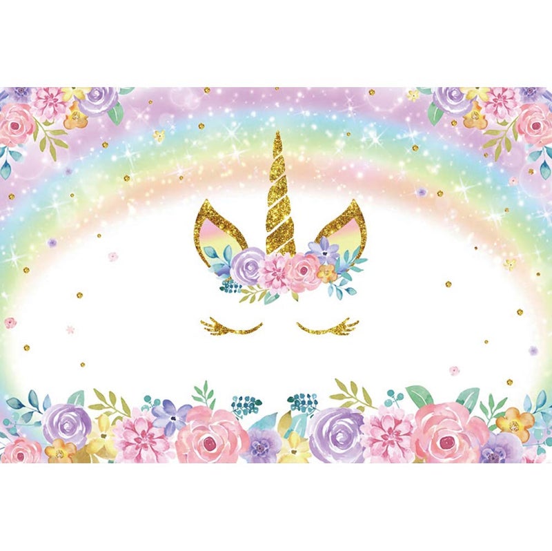 DASHAN 7x5ft Polyester Unicorn Backdrop Rainbow Baby Girl 1st Birthday Cake Smash Glitter Gold Sequins Rustic Flower Photography Background Flower Unicorn Birthday Party YouTube Photo Prop - Image 3